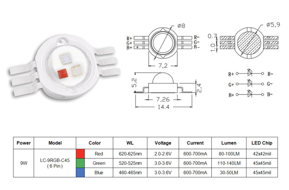 Светодиод RGB (9w, 6 pin)