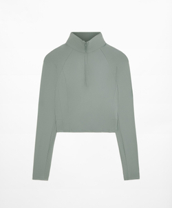 Oysho Короткий лонгслив Comfortlux из ткани в рубчик с застежкой-молнией, серо-зеленый