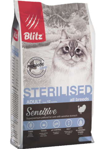 Сухой корм для стерилизованных кошек Blitz Sensitive Turkey Adult Sterilised Cat All Breeds с индейкой 10кг