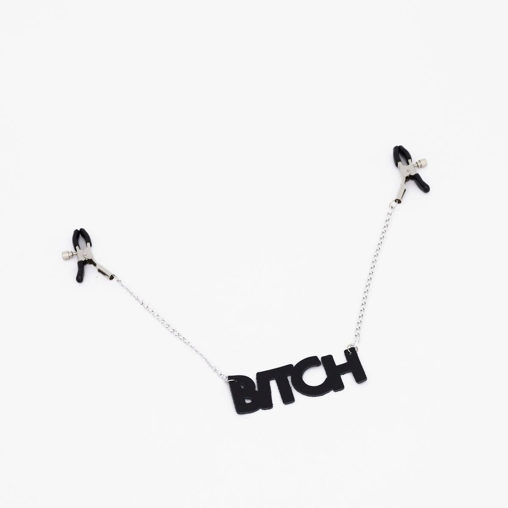 Зажимы на соски с кожаной подвеской Bitch