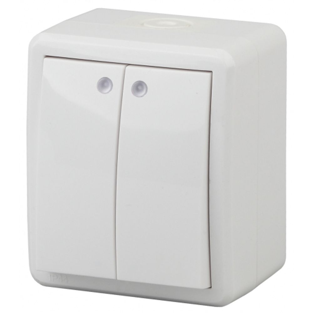 11-1405-01 ЭРА Выключатель двойной с подсветкой IP54, 10АХ-250В, ОУ, Эра Эксперт, белый