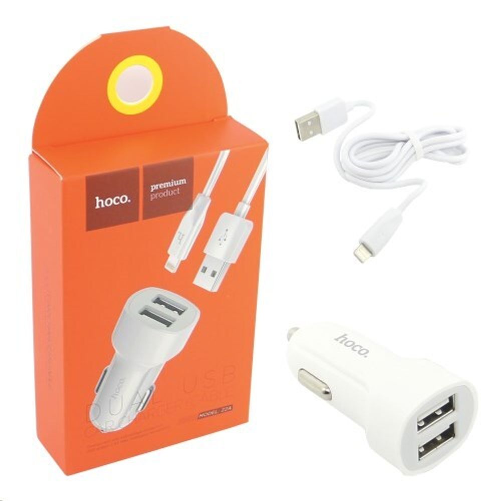 Зарядное устр-во в прикур. 2 USB 2A + кабель lightning USB /Iphone/ белый (HOCO.)