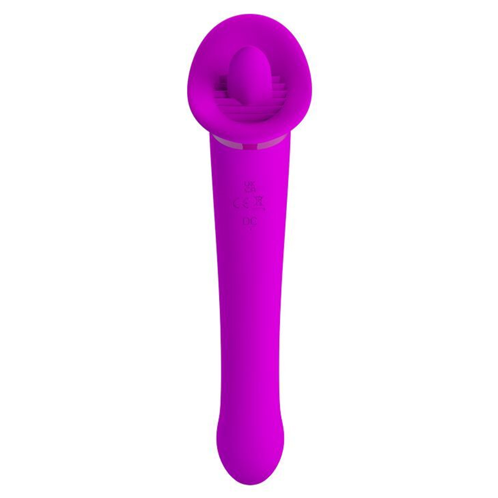 Лиловый двусторонний вибратор Faust с подвижным язычком - 21,9 см.