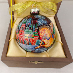 Шар новогодний с круговой росписью Палех "Тройка. Москва" в футляре
