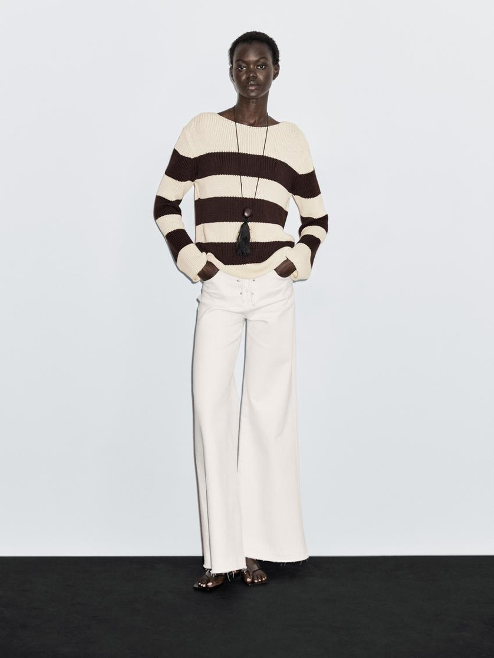 Massimo Dutti Трикотажный свитер в полоску из 100% хлопка, натуральный, кремовый