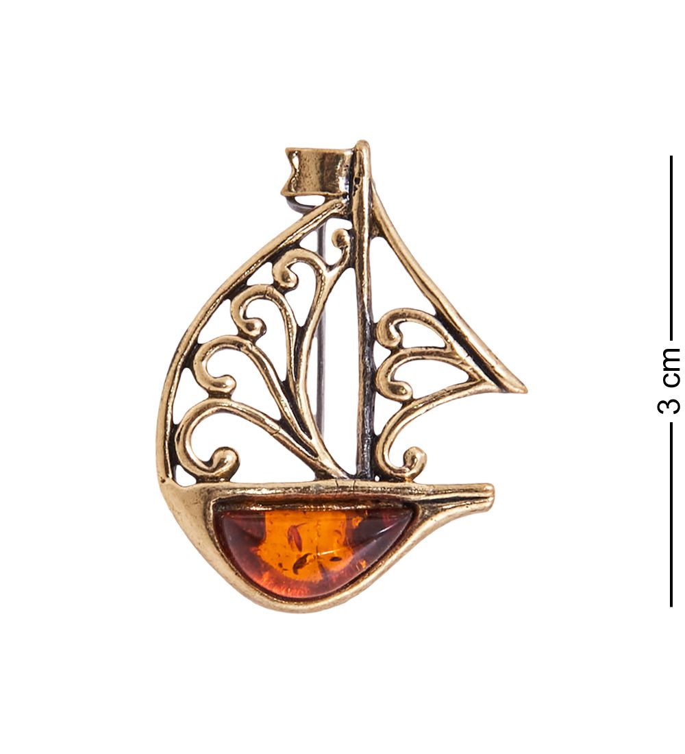 AM-3844 Брошь «Парусник Куттер» (латунь, янтарь)