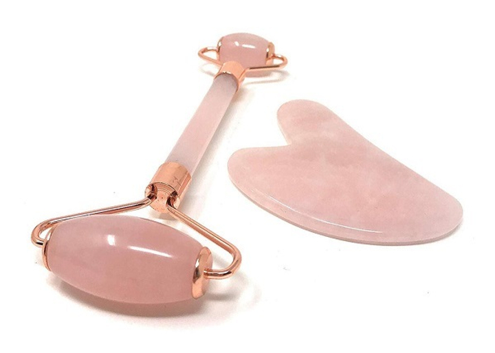 Набор для массажа гуаша: скребок и ролик, розовый кварц, в коробке