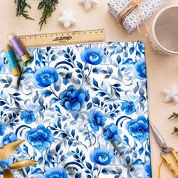 Ткань премиум дюспо цветочная фатназия в голубых тонах