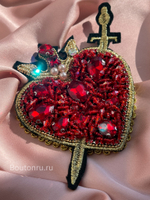 Нашивка сердце с камнями, стразами и бусинами 9х10 см