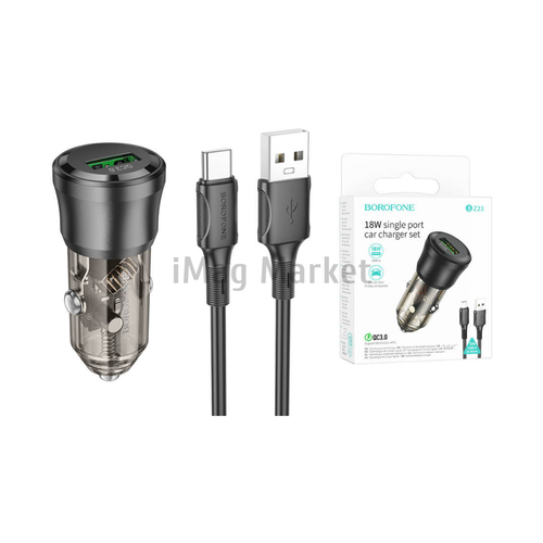 Автомобильное зарядное устройство Borofone BZ23, 1 USB-A, 18W, 3A + кабель Type-C, 1 м, черный прозрачный