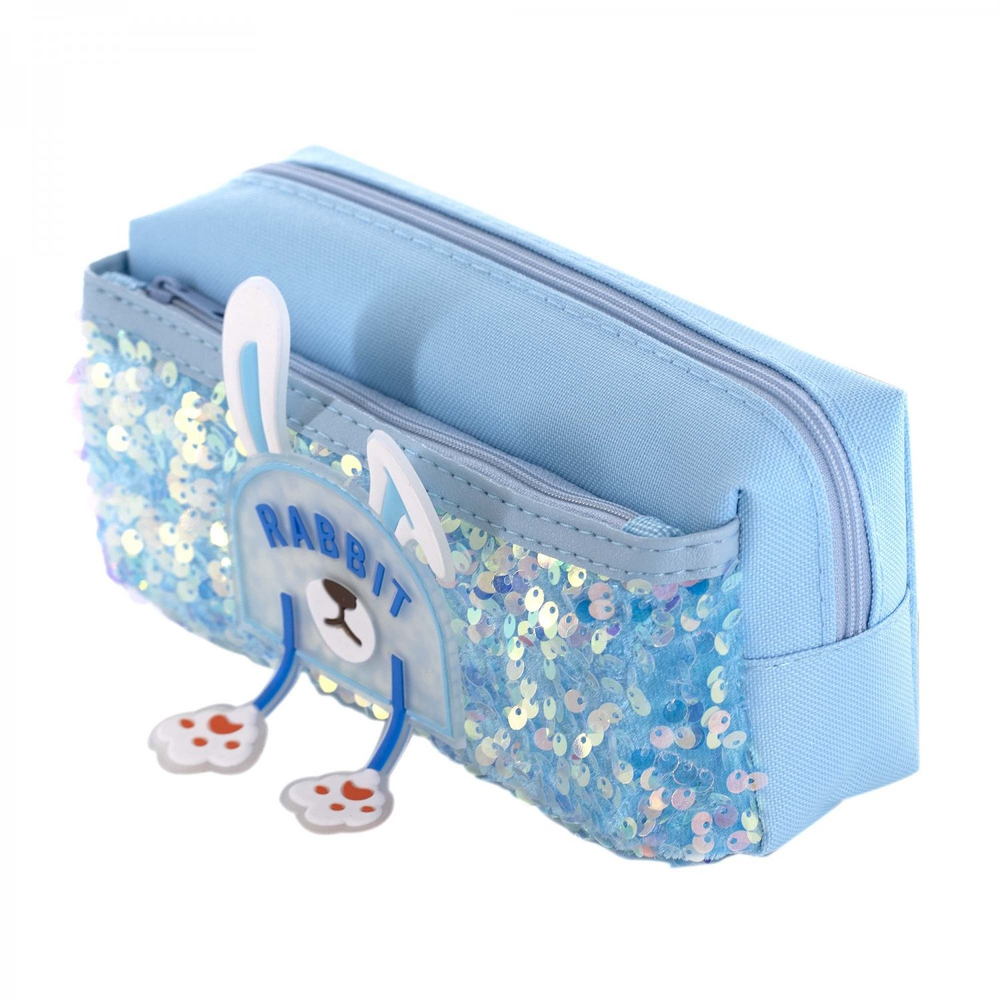Пенал - косметичка Alingar, ПВХ, пайетки, молния, боковой карман, 90 х 200 мм, "Rabbit", голубой (ушки и лапки)