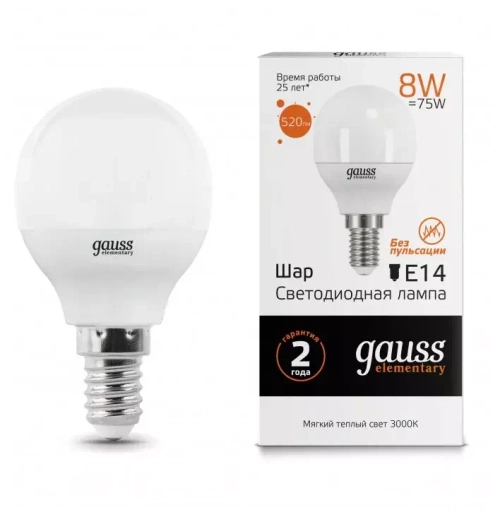 Лампа Gauss LED Elementary Шар 8W E14 520lm 3000K 53118