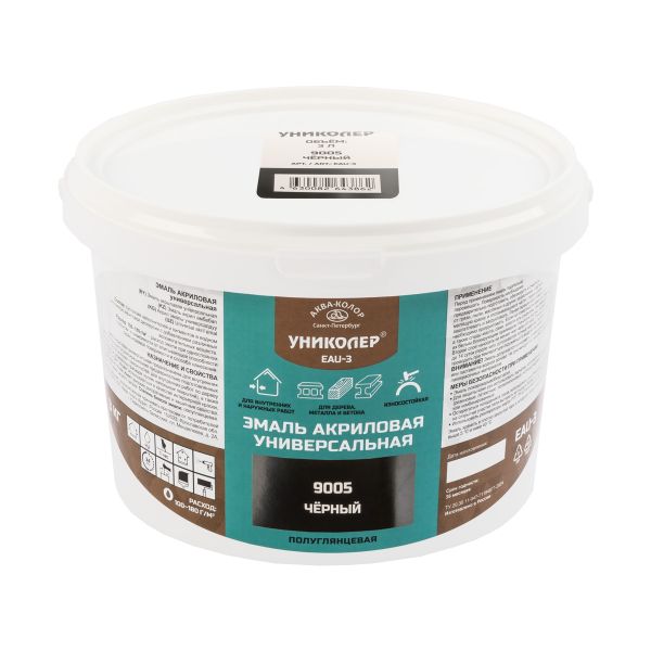 Эмаль акриловая универсальная RAL 9005 - черный, 3 кг, Униколер EAU-3