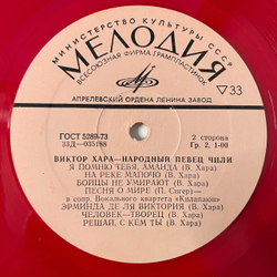 Винтажная виниловая пластинка LP Виктор Хара Victor Jara Народный Певец Чили (СССР 1974) Красный Винил