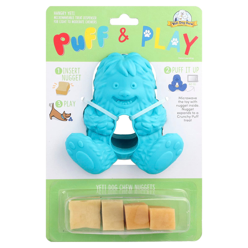 Yeti Dog Chew, Puff & Play, дозатор лакомств, жевательные таблетки для собак, йети, синий, 4 жевательных конфеты, 1 дозатор