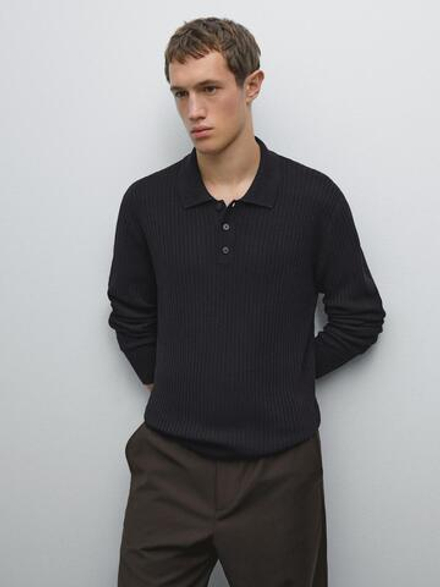 Massimo Dutti Трикотажный свитер с воротником-поло, темно-синий