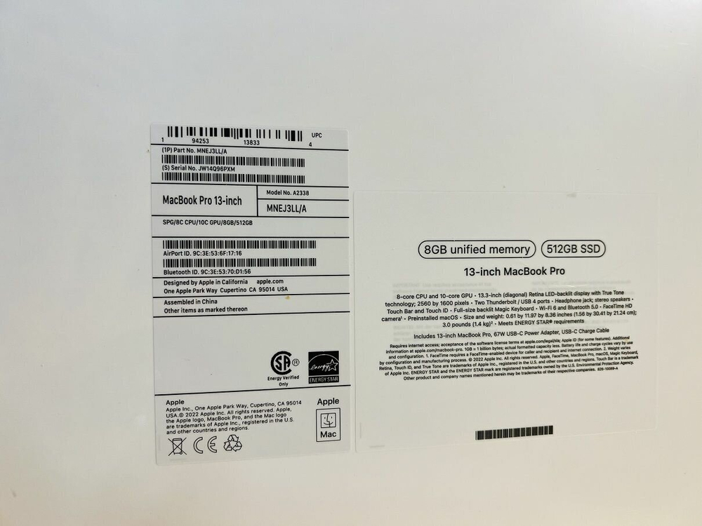 Ноутбук Apple MacBook Pro 13.3" A2338 (MYD92RU/A) /Apple M1 8 core 3.2ГГц/RAM 8GB/SSD 512GB/8 core GPU/2560*1600/Monterey/Mac Os/Подсветка кл-ры: Да/серый космос. Состояние: B1