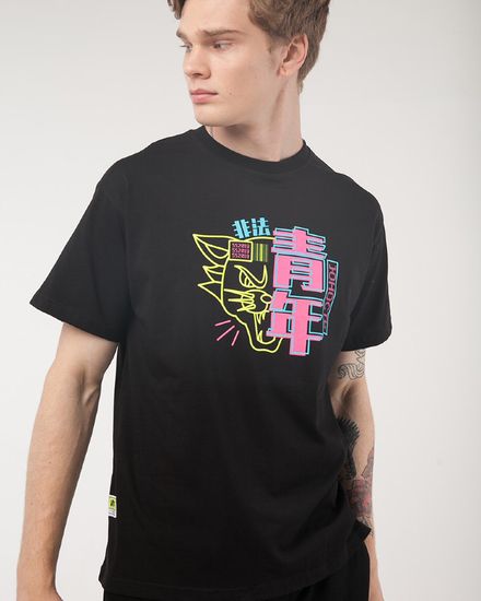 Футболка ЮНОСТЬ Неоновый кот - флюоресценция Черный