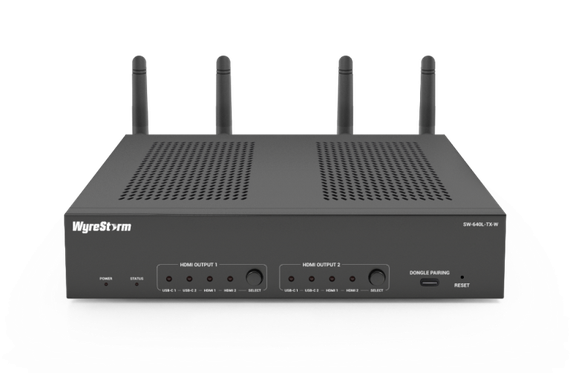 Wyrestorm SW-640L-TX-W - передатчик-коммутатор 4х2 с USB-C (питание до 60 Вт), HDMI 2.0 и USB 3.0. Поддержка 4K UHD @ 60Гц RGB 4:4:4 (18 Гб/c), мультивьювер, де-эмбендинг аудио, MST, беспроводное видео, 2xLAN. Управление: LAN, RS-232, реле.
