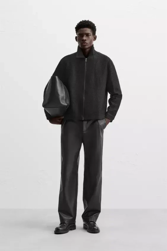ZARA КУРТКА-РУБАШКА ИЗ РЕЛЬЕФНОЙ ТКАНИ С МОЛНИЕЙ, ЧЕРНЫЙ