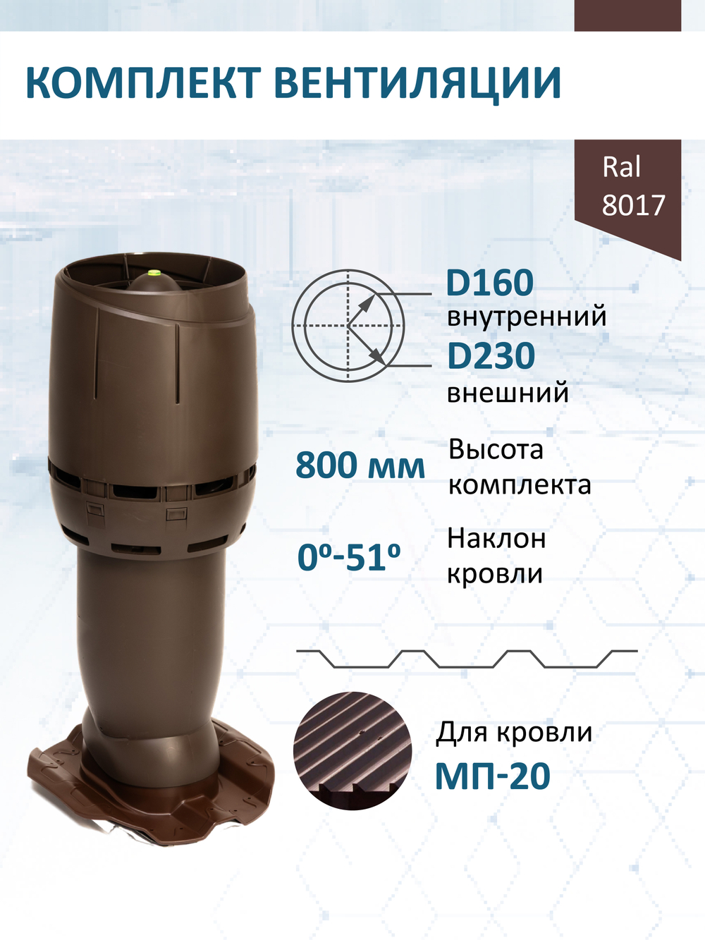 Комплект вентиляции: Вентиляционный выход изолированный Vilpe D160/225 утепленный высота H=500 мм, проходной элемент PROF-20 для металлопрофиля кровельного профнастила МП20 иС20, колпак Ø 230 мм, коричневый