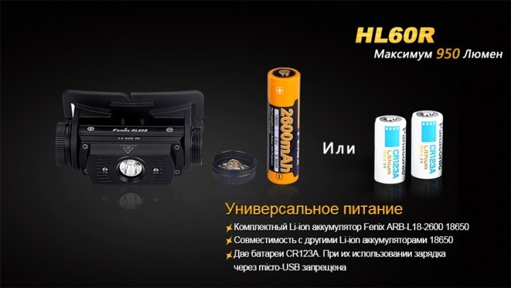 Фонарь светодиодный налобный Fenix HL60R Cree XM-L2 U2, 950 лм, аккумулятор*