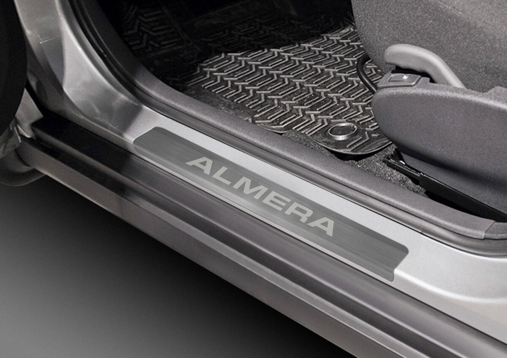 Накладки на пороги AutoMax для Nissan Almera G15 2012-2018, нерж. сталь, с надписью, 4 шт., AMNIALM01