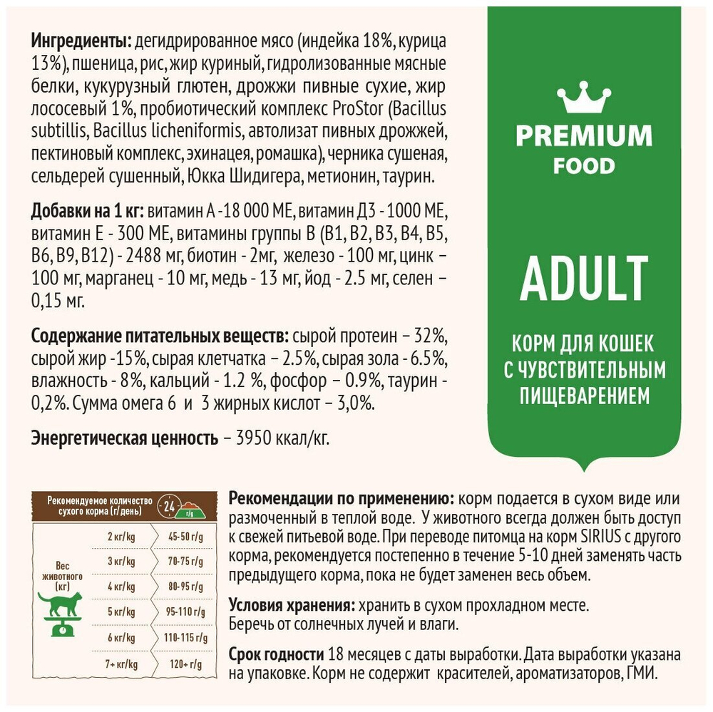 Индейка с черникой, 400г корм сухой для кошек с чувствительным пищеварением Sirius Premium полнорационный