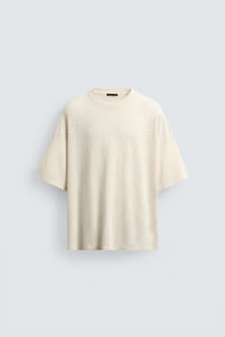 ZARA ФУТБОЛКА ИЗ ХЛОПКА И ЛЬНА С ЭФФЕКТОМ ПОТЕРТОСТИ, ЖЕЛТОВАТО-БЕЛЫЙ