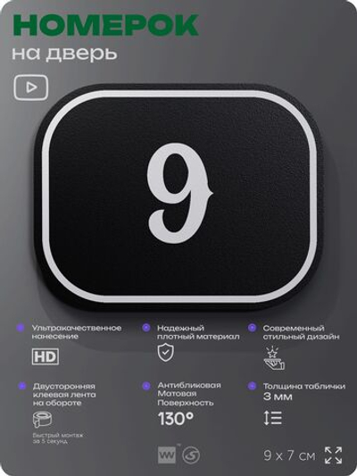 Номерок на дверь квартиры 9, для кабинета, офиса, шильдик 9 х 7 см, черный, Айдентика Технолоджи