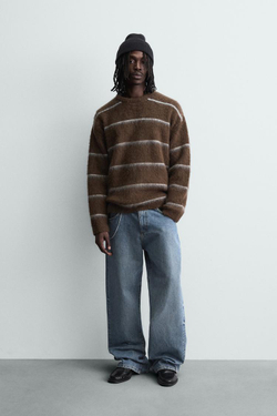 ZARA СВИТЕР ИЗ РЕЛЬЕФНОЙ ТКАНИ В ПОЛОСКУ, КОРИЧНЕВЫЙ