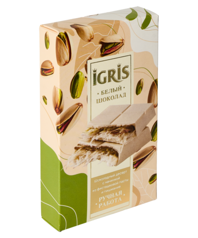 Шоколад белый IGRIS с начинкой из фисташковой пасты и пишмание, 150г