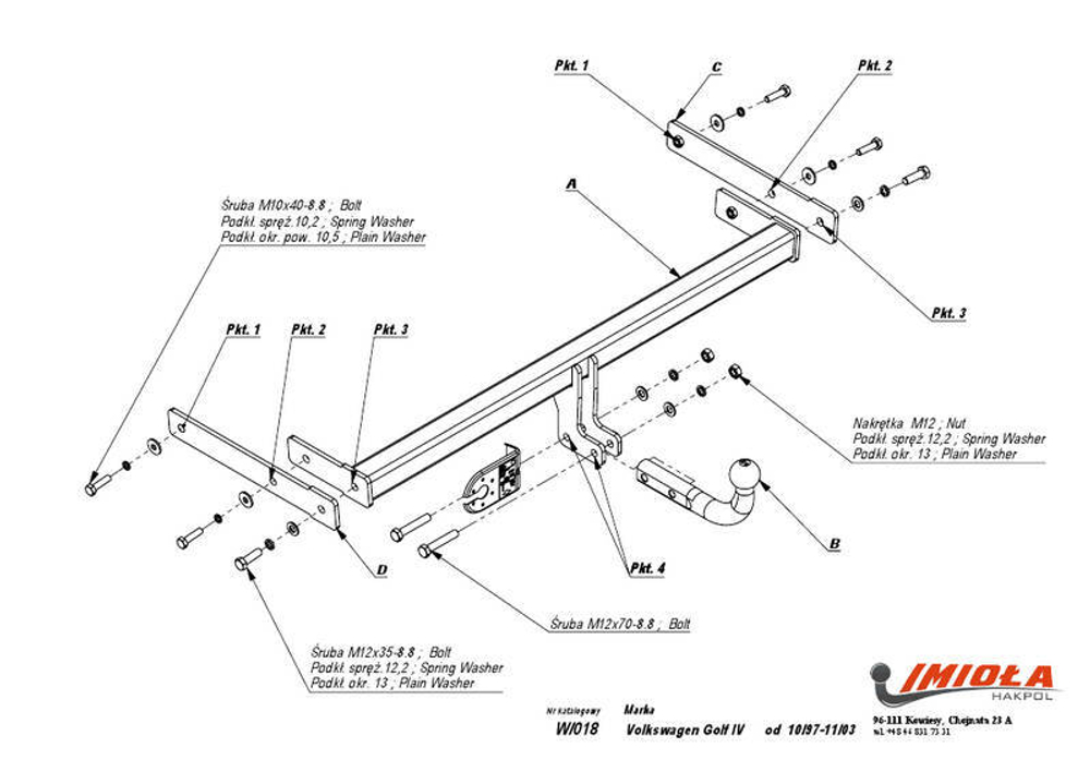 Фаркоп IMIOLA W.018 Audi A3 1996-2003, SEAT Leon 2000-2005, Volkswagen Bora седан/универсал 1998-2004, Volkswagen Golf 1997-2003(паспорт и сертификат в комплекте)(без электрики)