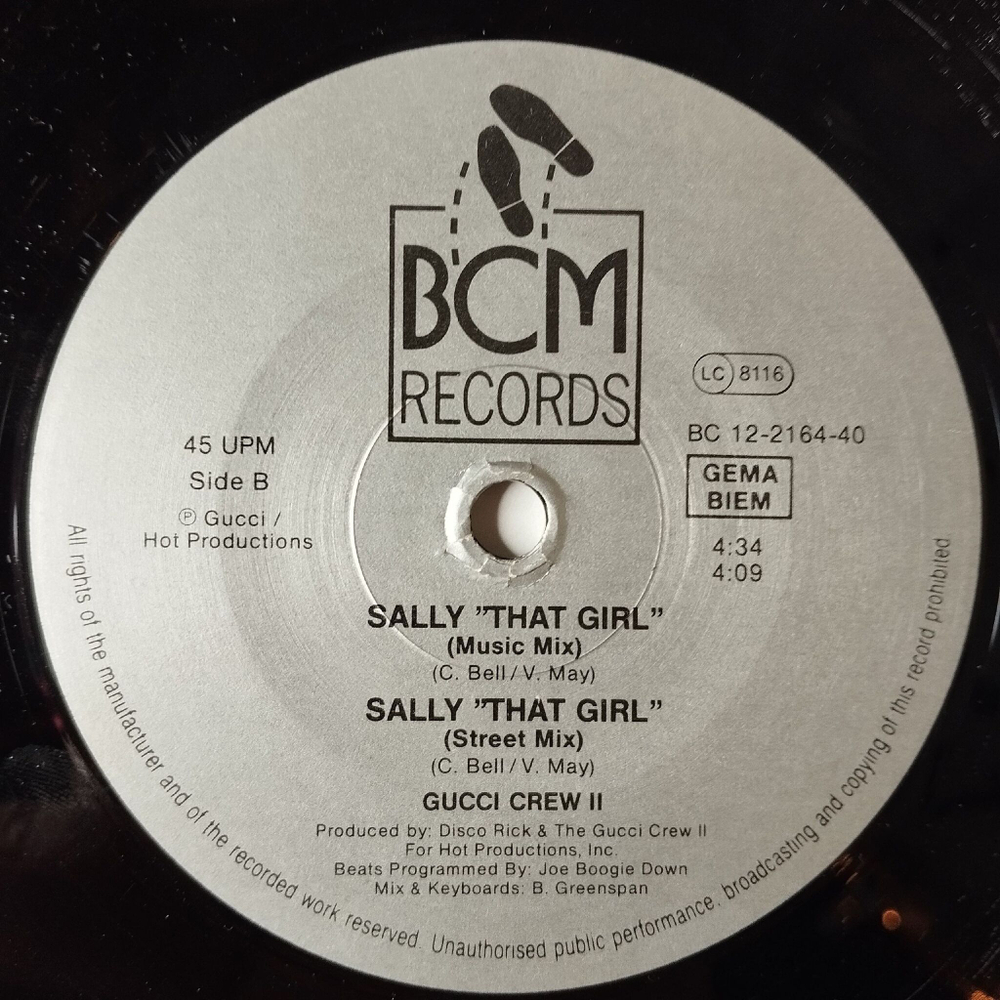 Винтажная виниловая пластинка LP Gucci Crew II Sally That Girl (Germany 1988) Maxi Single 45 RMP