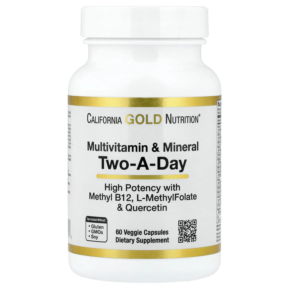 California Gold Nutrition, мультивитамины и минералы с метилом B12, витамином C, L-метилфолатом и кверцетином, для приёма два раза в день, 60 растительных капсул