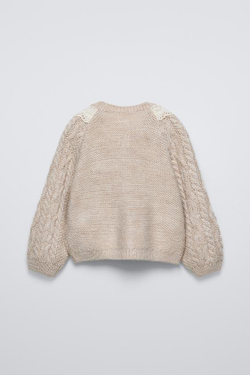 ZARA КАРДИГАН С КРУЖЕВОМ, СВЕТЛО-БЕЖЕВЫЙ