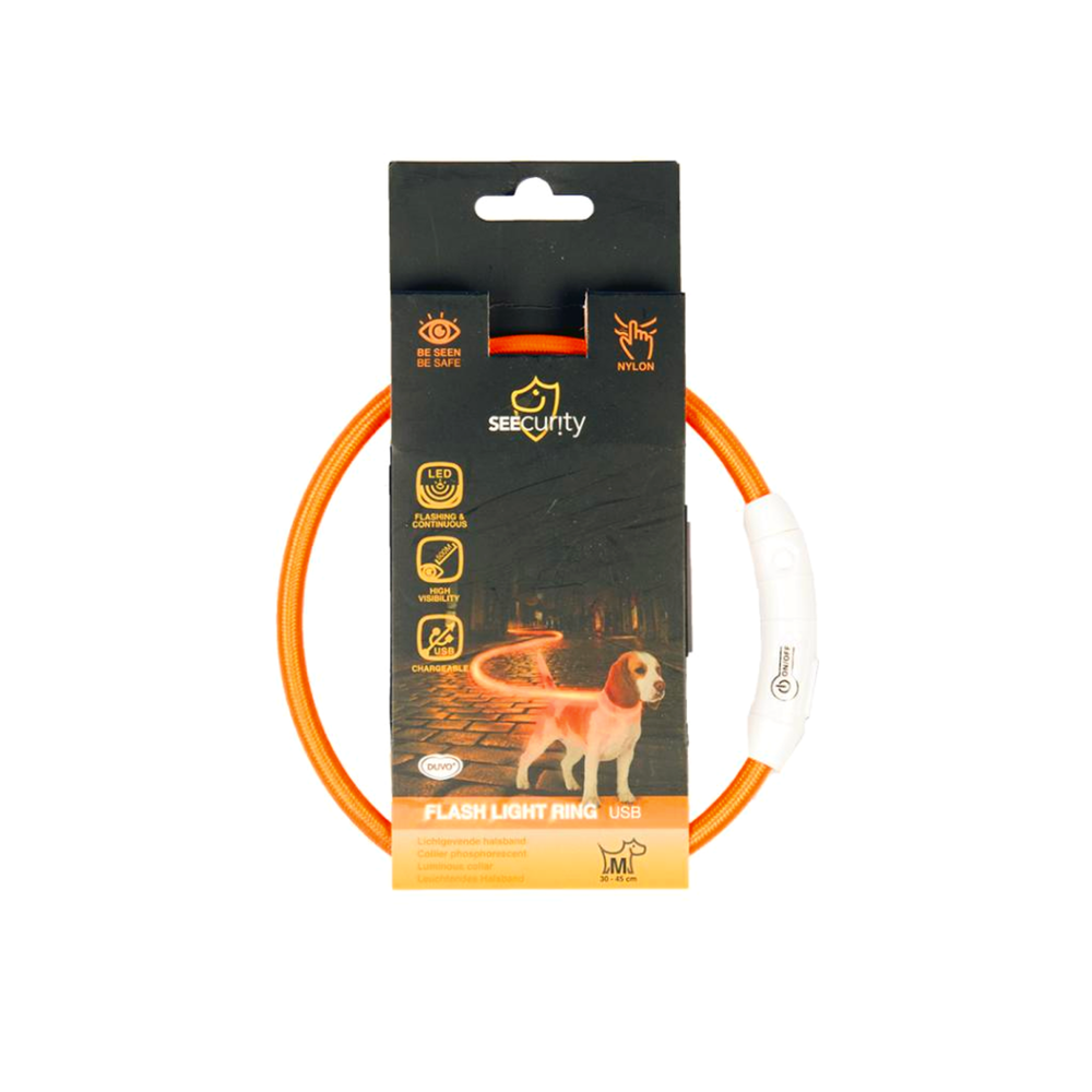 Ошейник для собак светящийся, оранжевый DUVO+