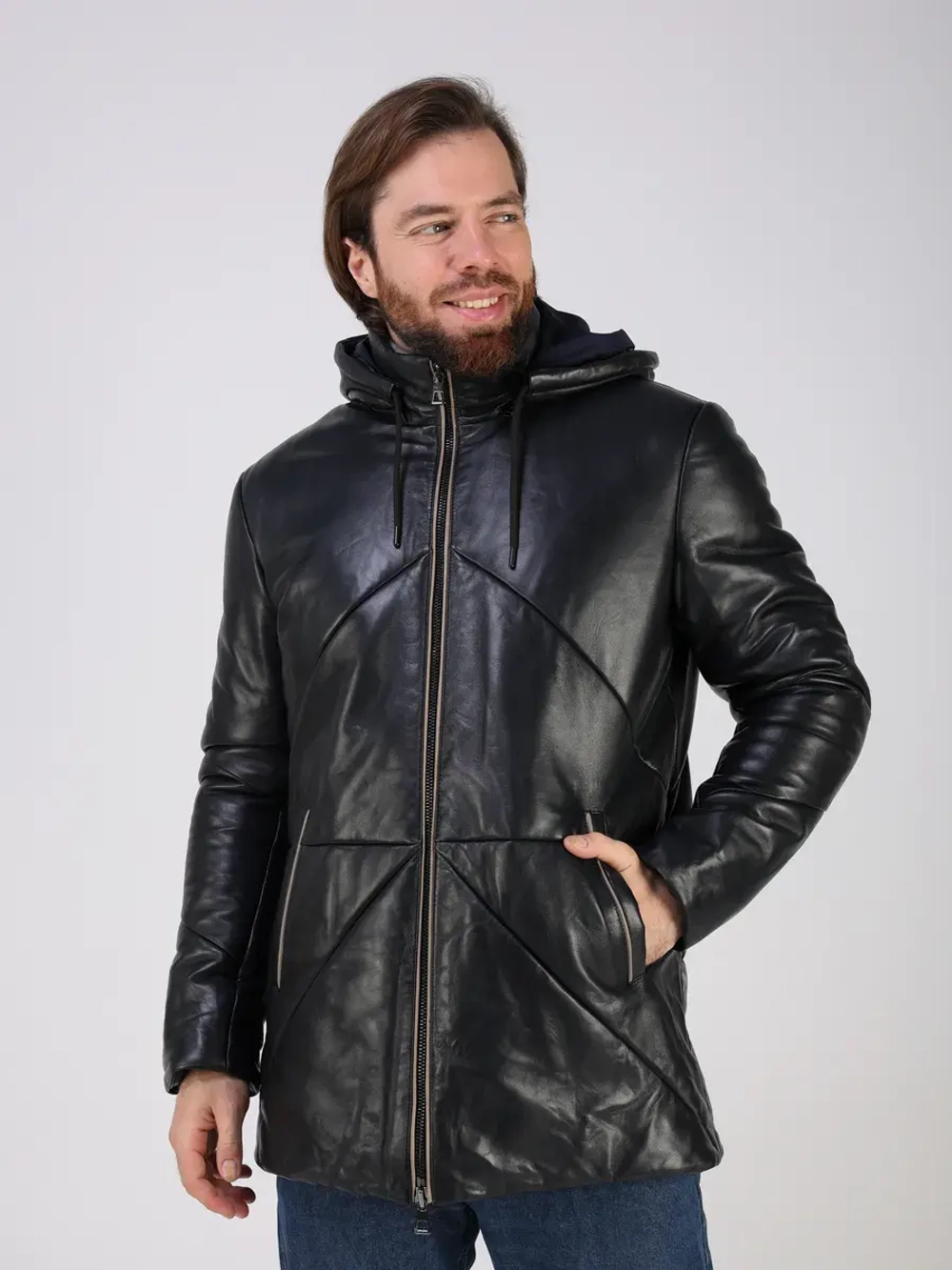 Куртка зимняя кожаная с капюшоном пуховик
