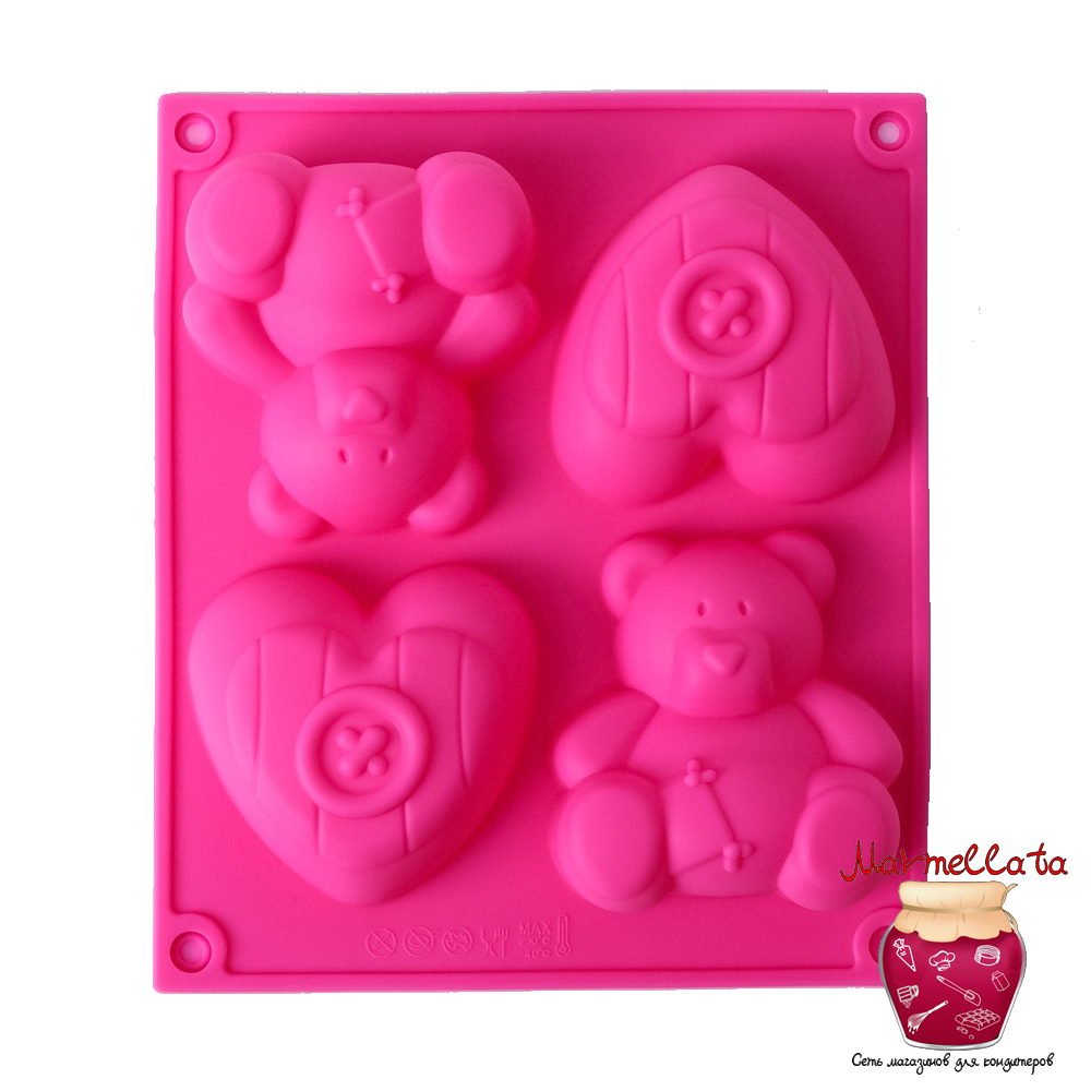 Форма силиконовая &quot;Мишка и сердце&quot;, 17*15*3 см, 4 ячейки