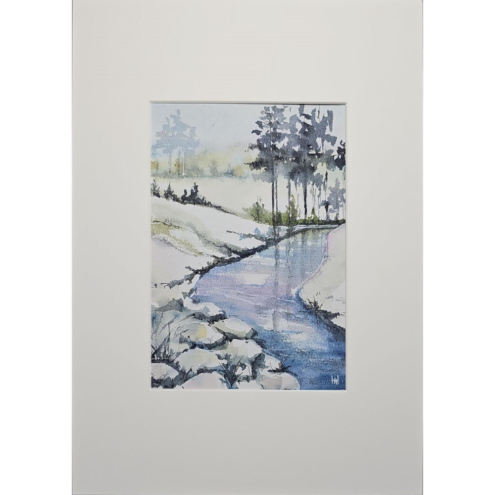 Картина авторская акварельная в паспарту 21х30 см на стену для интерьера "Речка"