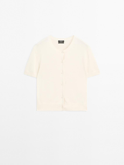 Massimo Dutti Кардиган из хлопка с короткими рукавами, натуральный, кремовый