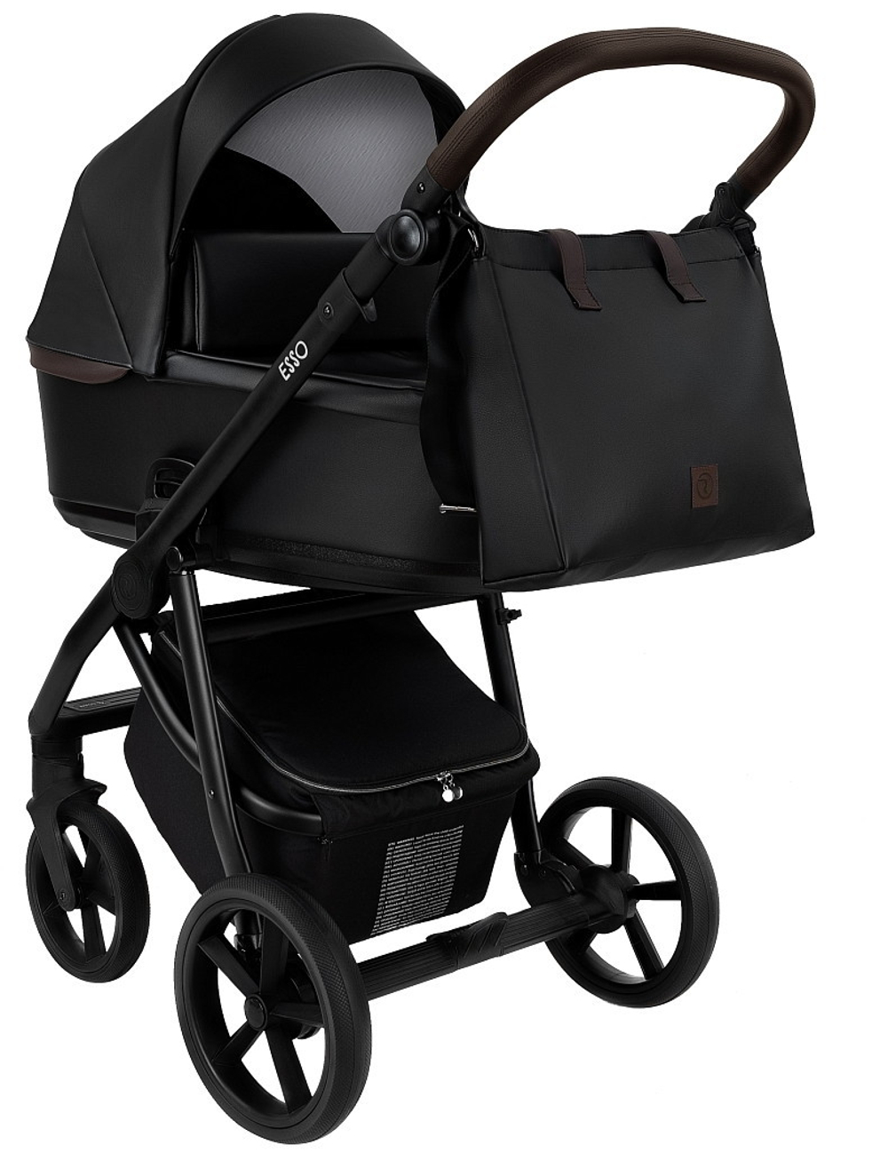 Детская коляска Roan Esso Кожа 3 в 1 с автокреслом Tutis Elo Lux EduSky Black ESSK/210/1 Black /Black/руч.Тем.коричневый