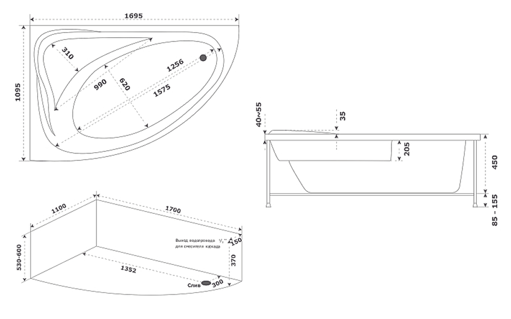 Акриловая ванна Bas (Бас) Милан 170х110 R, с каркасом