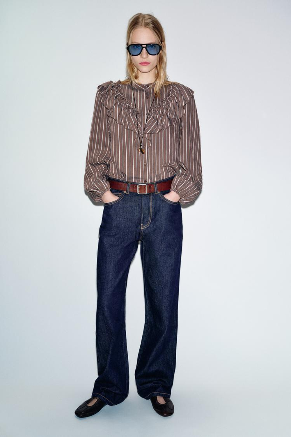 ZARA РУБАШКА В ПОЛОСКУ С ВОЛАНАМИ, КОРИЧНЕВО-СИНИЙ