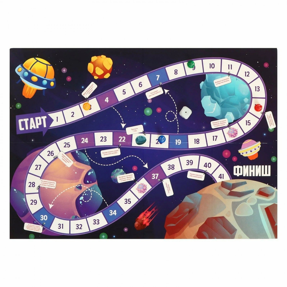 Игра-ходилка, Ракета "Галактика", 3 +, размер игрового поля 420 х 300 мм, в комплекте кубик, 4 фишки, пакет с европодвесом
