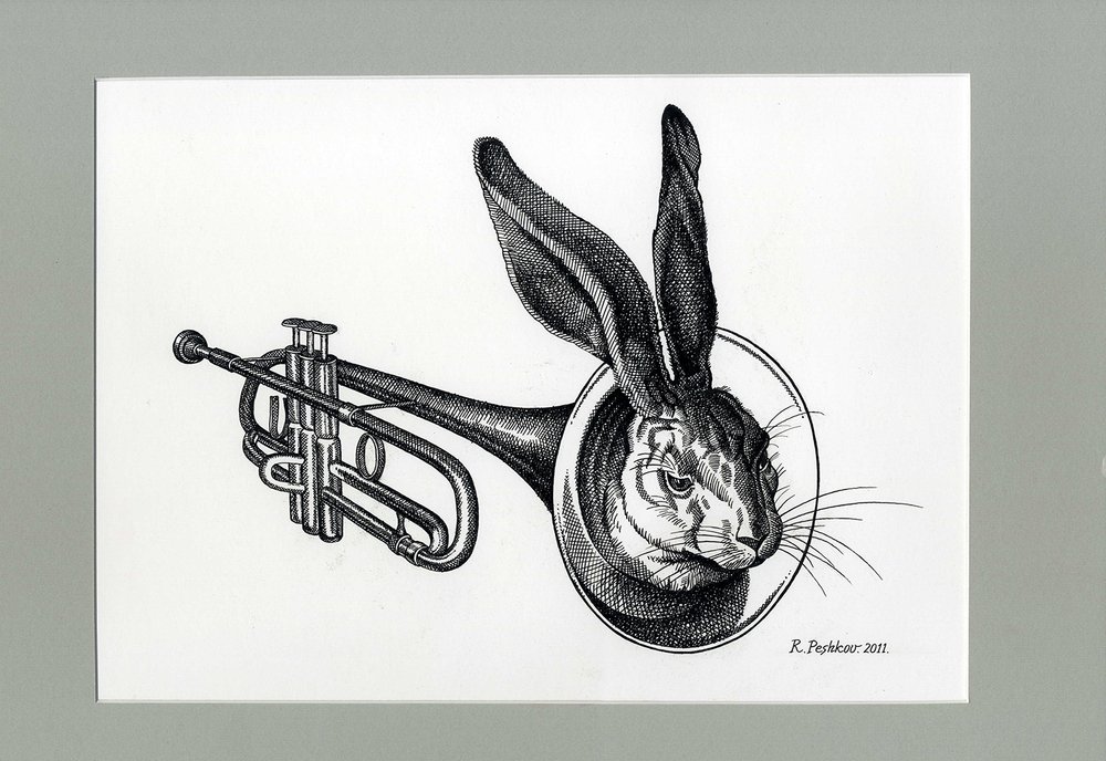 Пешков Р.В. Заячья песня. Бумага, тушь, перо. Россия, 2011 г.