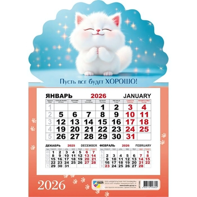 Календарь моно на магните 2026 котик (Квадра)