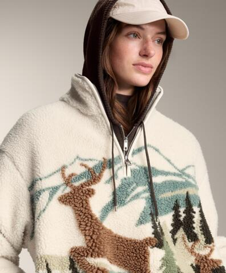 Oysho Толстовка из искусственной овчины с принтом «Пейзаж с оленем», экрю