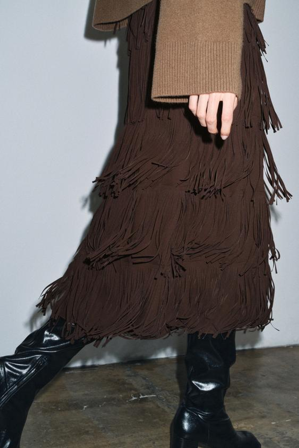 ZARA ЮБКА-КАРАНДАШ С БАХРОМОЙ — ZW COLLECTION, КОРИЧНЕВЫЙ