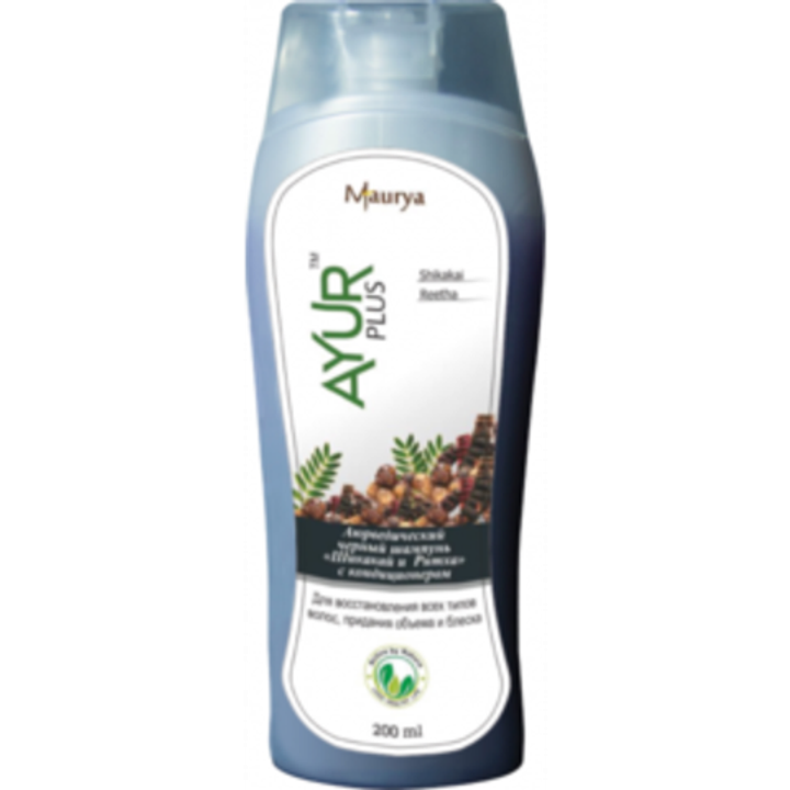 Шампунь Ayur Plus Maurya Аюр Плюс Шикакай и Ритха с кондиционером (Черный) для восстановления волос, придания объема и блеска 200 мл.